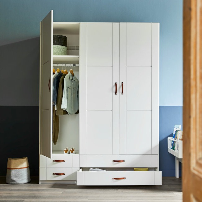 Complex nakomelingen Ja Lifetime 3-deurs kledingkast met 4 laden – Wit of Whitewash – Sterre + Tijl